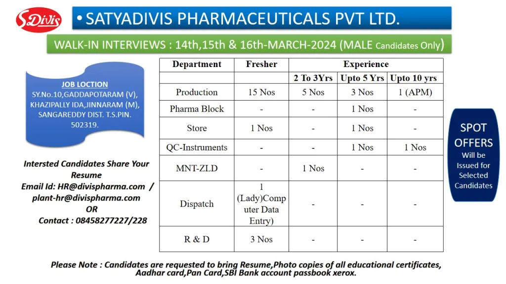Satyadivis Pharmaceuticals (Divis) - Walk-In for Freshers & Experienced in Production, QC, Store, R&D, MNT, Dispatch, Pharma Block on 15th & 16th Mar 2024